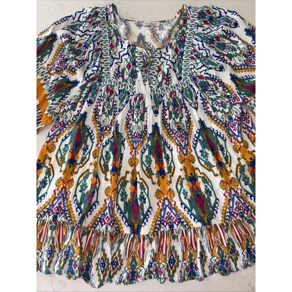 Rachel Zoe Tunic Y2K Geo Print Baby Doll Top Women's 1X Rayon Ruffle Blouse Boho - Picture 1 of 8
